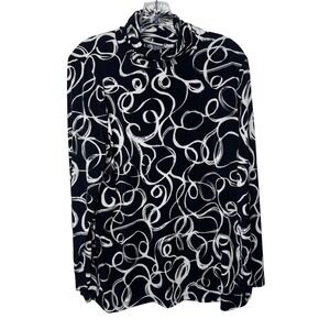 Susan Graver Black White Swirl Print Cowl Neck Long Sleeve Blouse Top XL